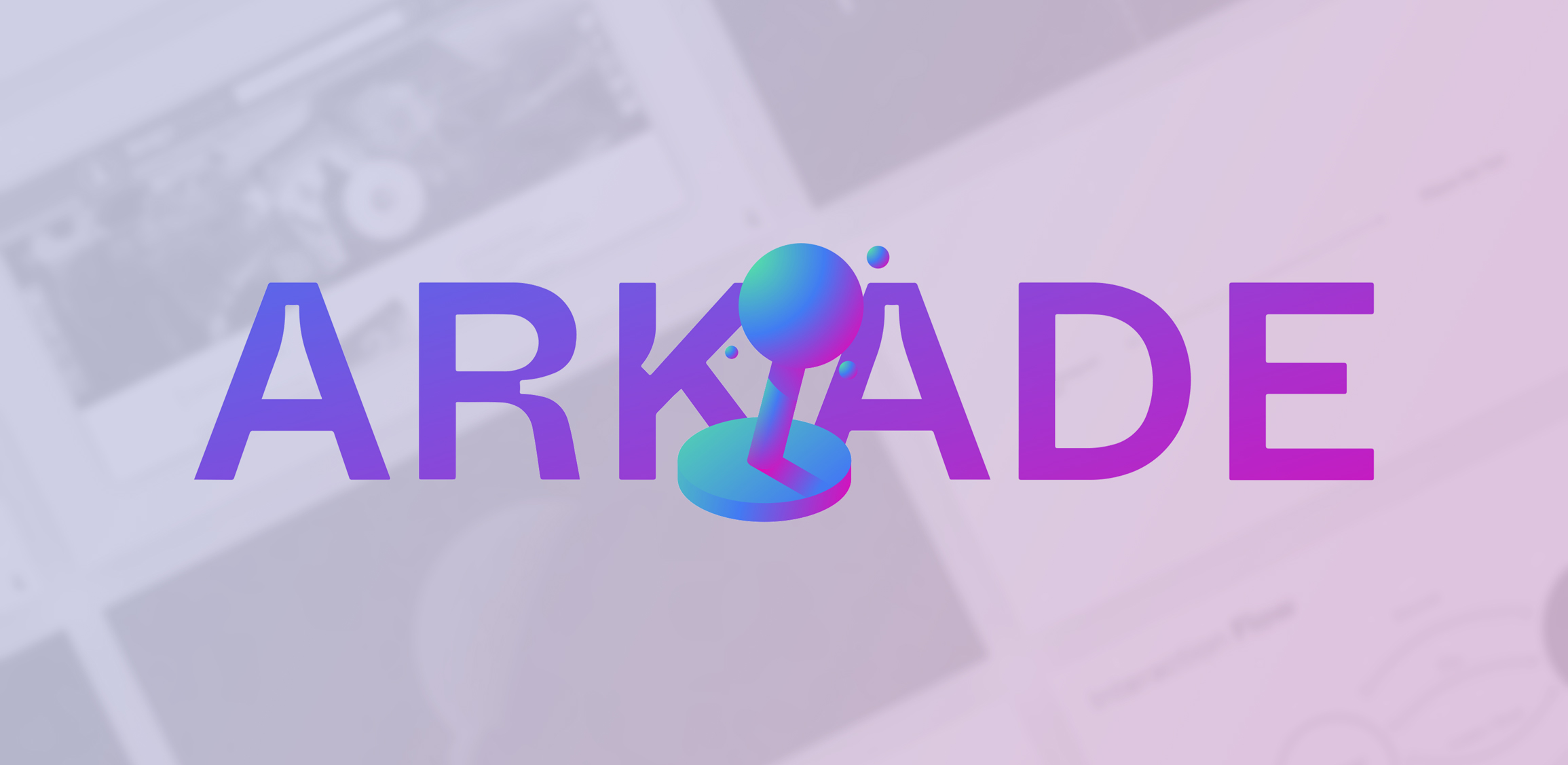 The ARKADE wordmark. The stem of the K is replaced by a three-dimensional joystick: a sphere on a shaft rising from a disc base, with three small spheres orbiting it. The mark sits over a faded backdrop of the project’s own design files.
