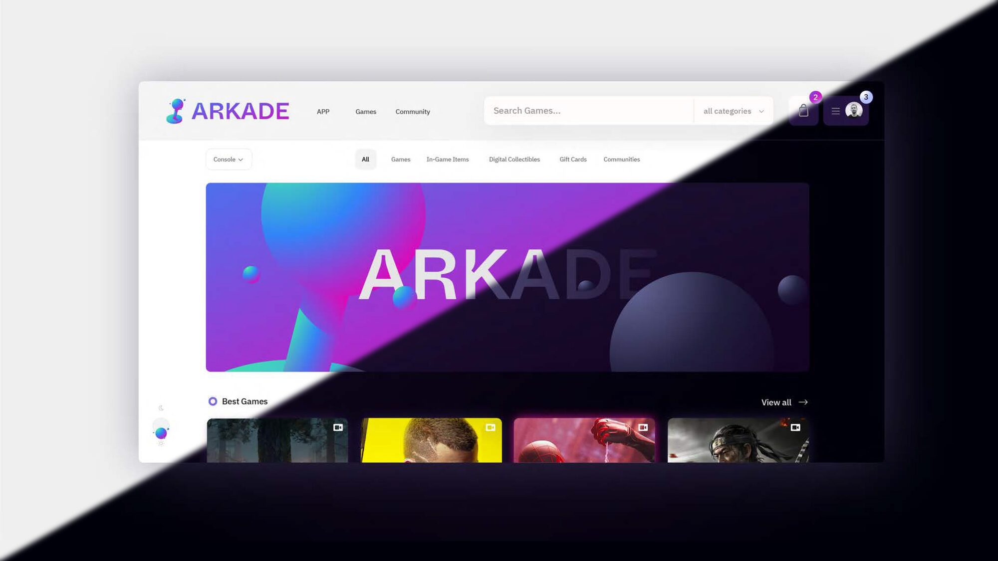 The Arkade storefront home page, split diagonally so the left half shows the light theme and the right half the dark theme. The nav reads APP, Games, Community with a game search field and an all-categories selector. The category row beneath reads All, Games, In-Game Items, Digital Collectibles, Gift Cards, Communities.