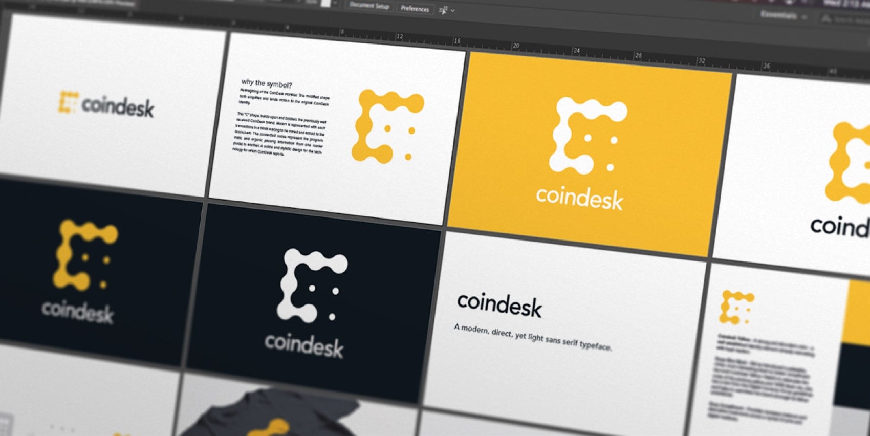 An Illustrator artboard grid of the CoinDesk identity: the yellow mark beside the lowercase wordmark on white, a page headed why the symbol?, the mark reversed in white on a yellow field and on near-black, a typography tile, a colour specification tile, and a t-shirt mockup.