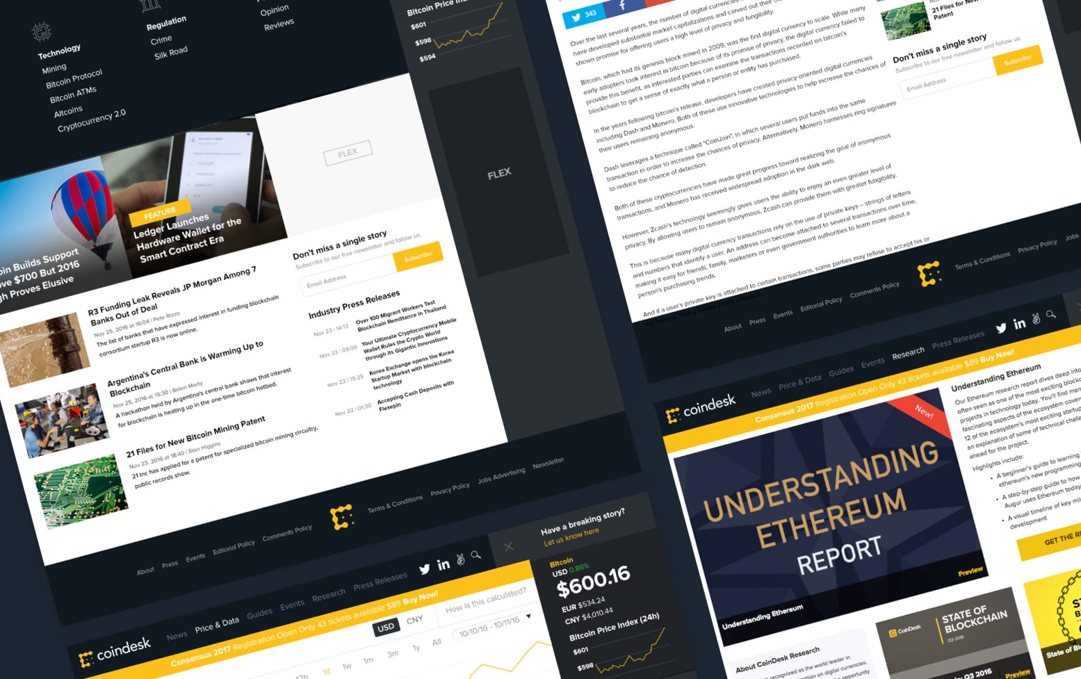 CoinDesk.com desktop comps arranged in perspective: a home page of feature cards and headlines, an expanded topic navigation, an article page, a footer, a bitcoin price index panel, and an Understanding Ethereum report cover.