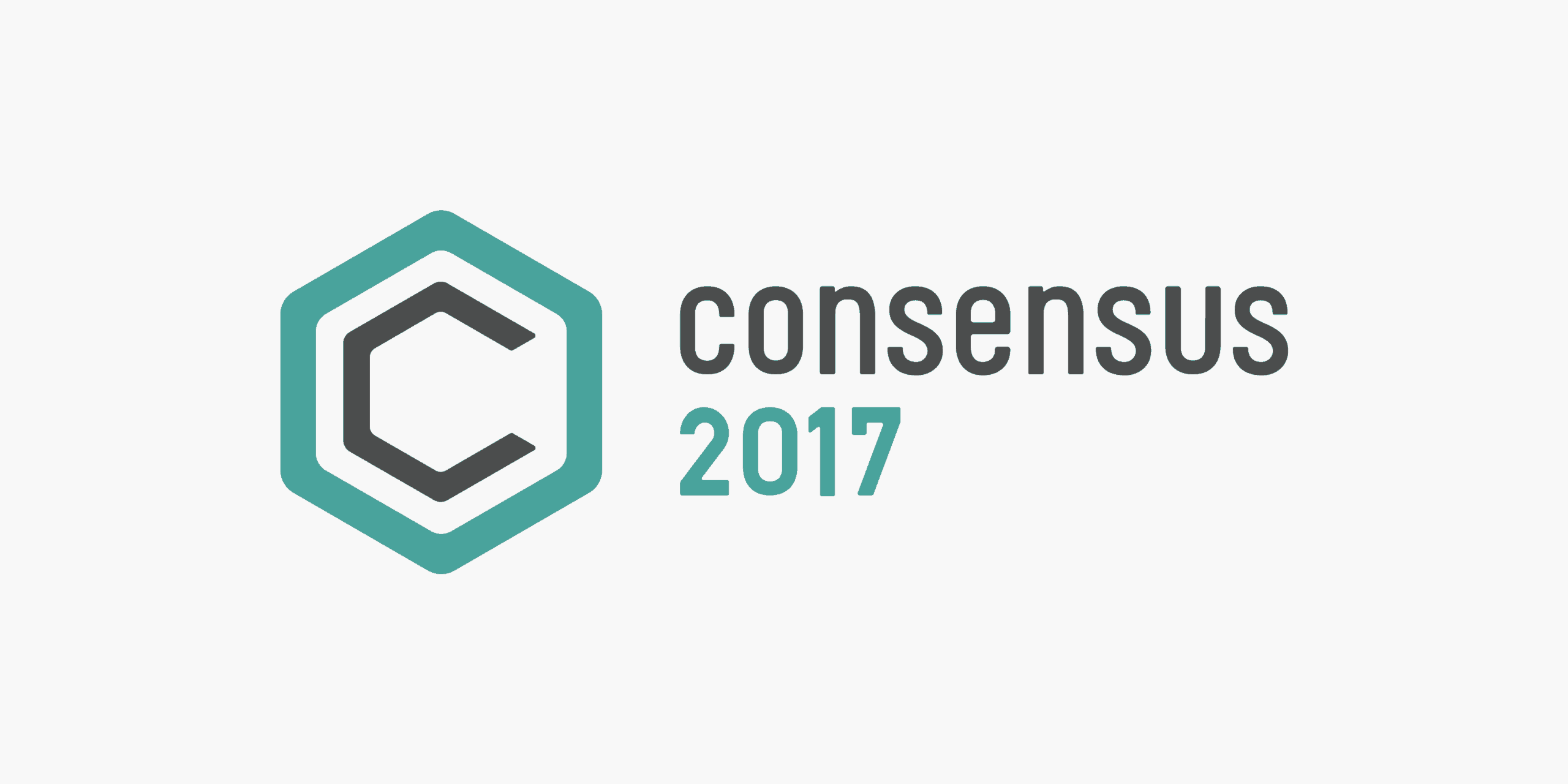 The Consensus 2017 lockup: a teal hexagon outline balanced on one corner enclosing a dark grey letter C, beside the lowercase word consensus in dark grey with 2017 in teal below it.