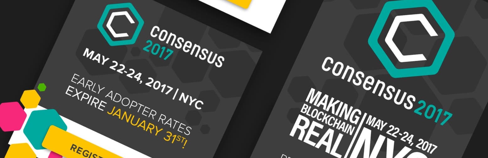 Two Consensus 2017 display banners in dark grey, each carrying the teal hexagon mark balanced on one corner, the consensus 2017 wordmark, the line MAKING BLOCKCHAIN REAL, and the dates May 22 to 24, 2017, NYC.