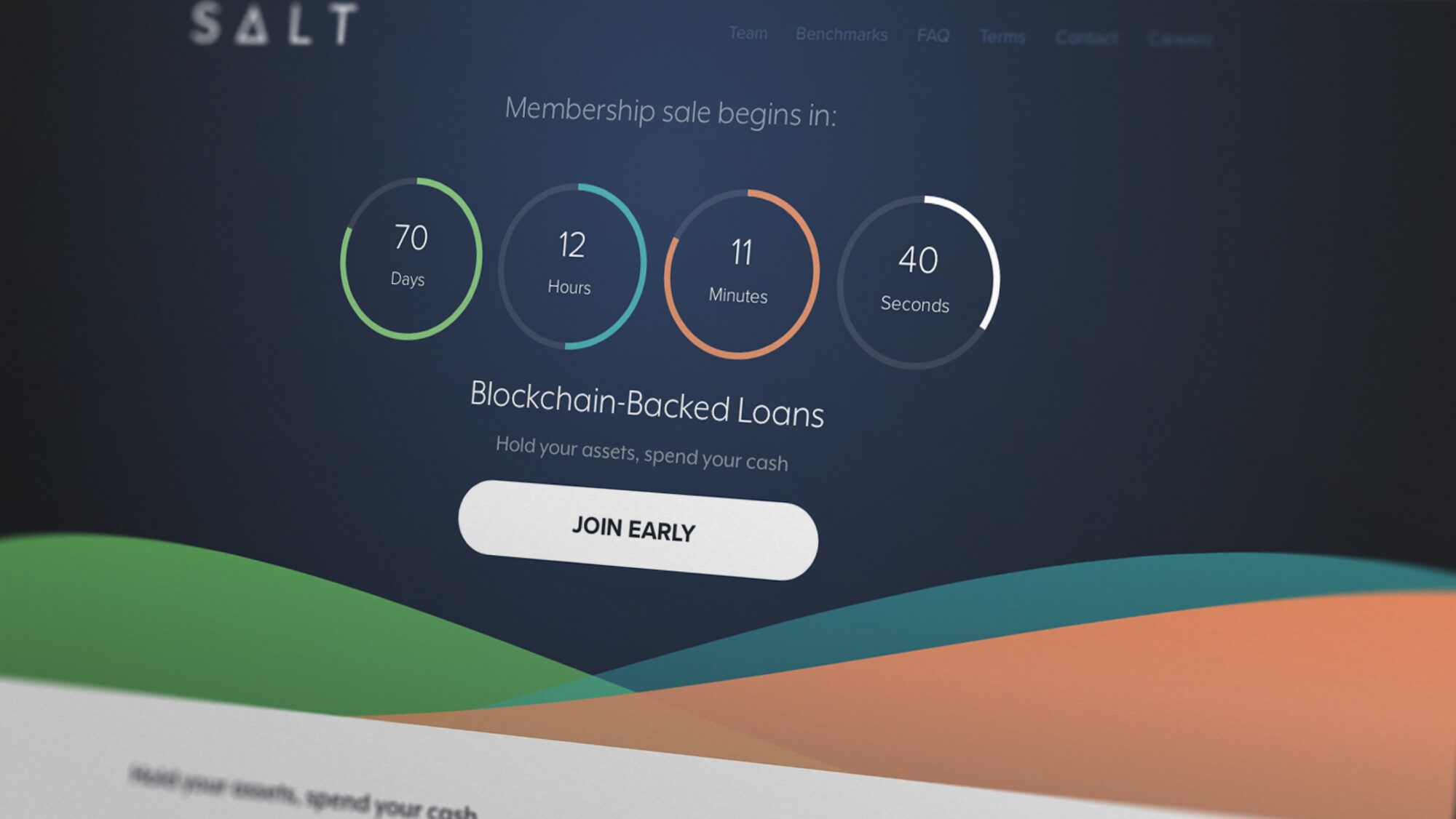 The SALT membership sale landing page shown at an angle: four ring countdown dials reading 70 days, 12 hours, 11 minutes and 40 seconds, above the headline Blockchain-Backed Loans, the line Hold your assets spend your cash, and a white Join Early button.
