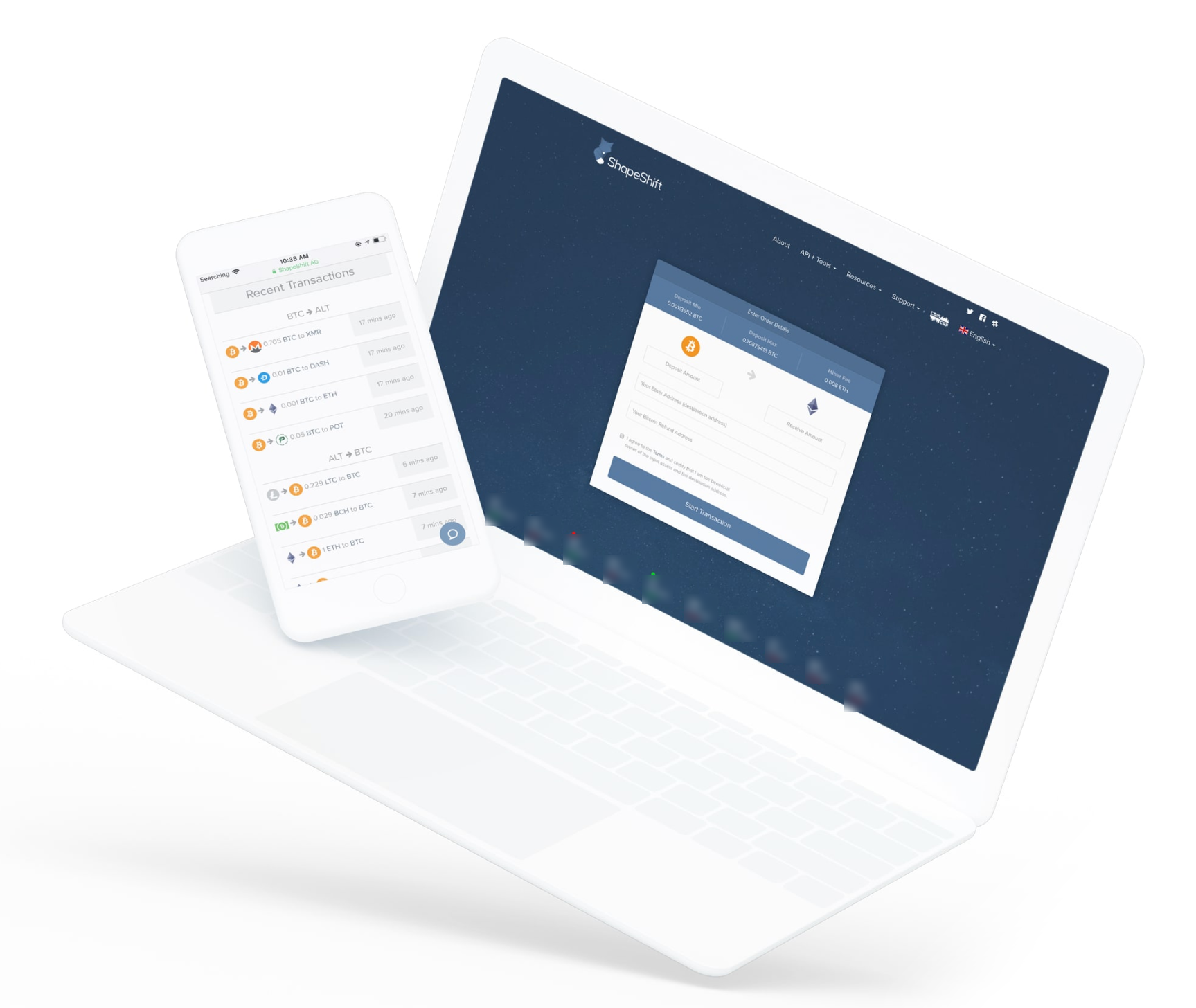A laptop showing the ShapeShift order details step with deposit amount and destination address fields inside a single card, beside a phone showing a recent transactions list of shifts between bitcoin and other assets. A price ticker runs diagonally across the lower screen, blurred here.