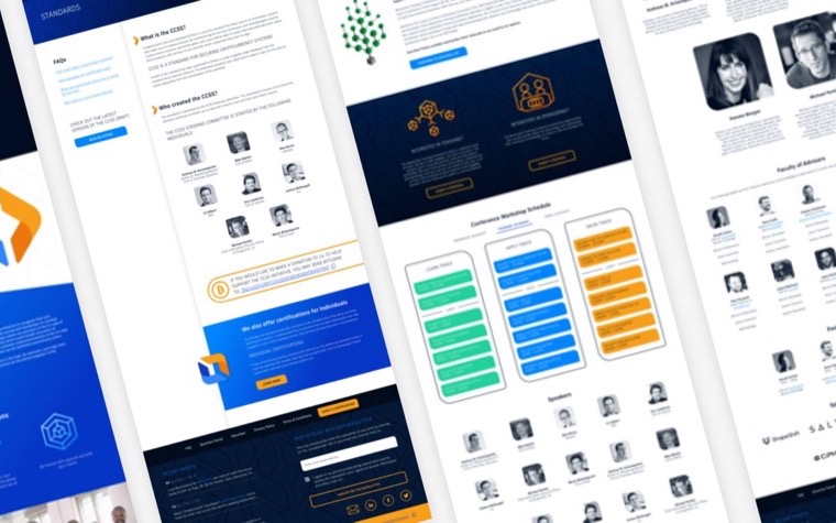 C4 website designs at an angle: a Why C4 explainer, a board-of-directors page with portraits, certification tables and a blue standards section.