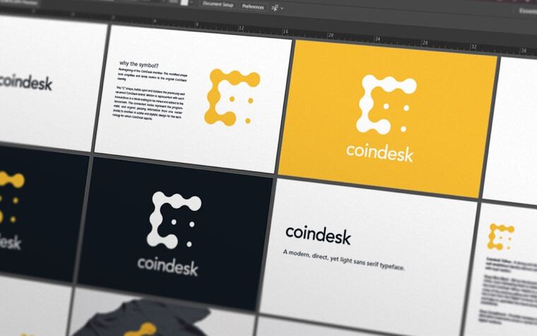 The CoinDesk brand system laid out as tiles: the yellow mark, the wordmark reversed on black and white, and the note that it is a modern, direct, yet light sans serif typeface.
