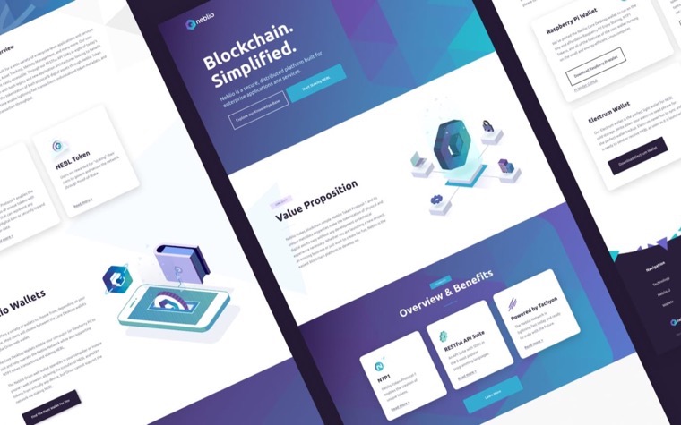 Nebl.io website screens at an angle: a Blockchain Simplified hero with a violet 3D cube, a value-proposition panel and an overview-and-benefits section.