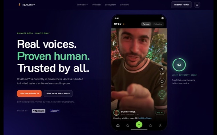 The REAX.me site on deep blue: Real voices. Proven human. Trusted by all., beside a phone showing a short-video feed with a Voice Integrity Score of 92 and a voice-verified creator badge.